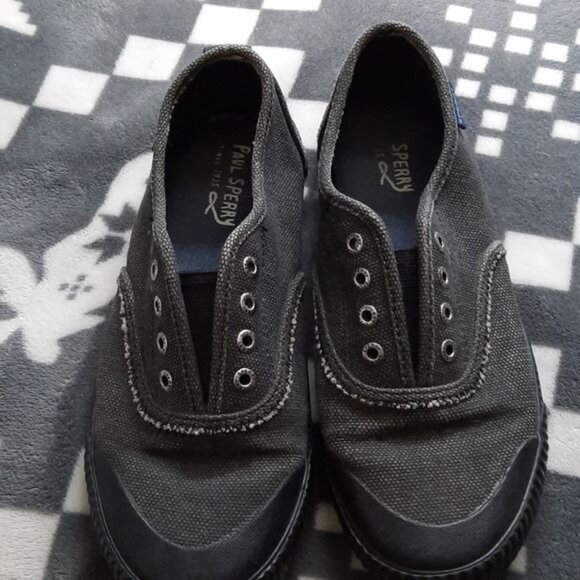 Paul Sperry Black Distressed Denim Look Laceless Slip On Sneakers Size 7.5 - Picture 1 of 13